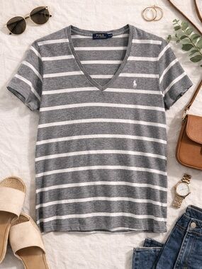 Polo Ralph Lauren Gray White Striped V Neck T Shirt Women’s Size XL